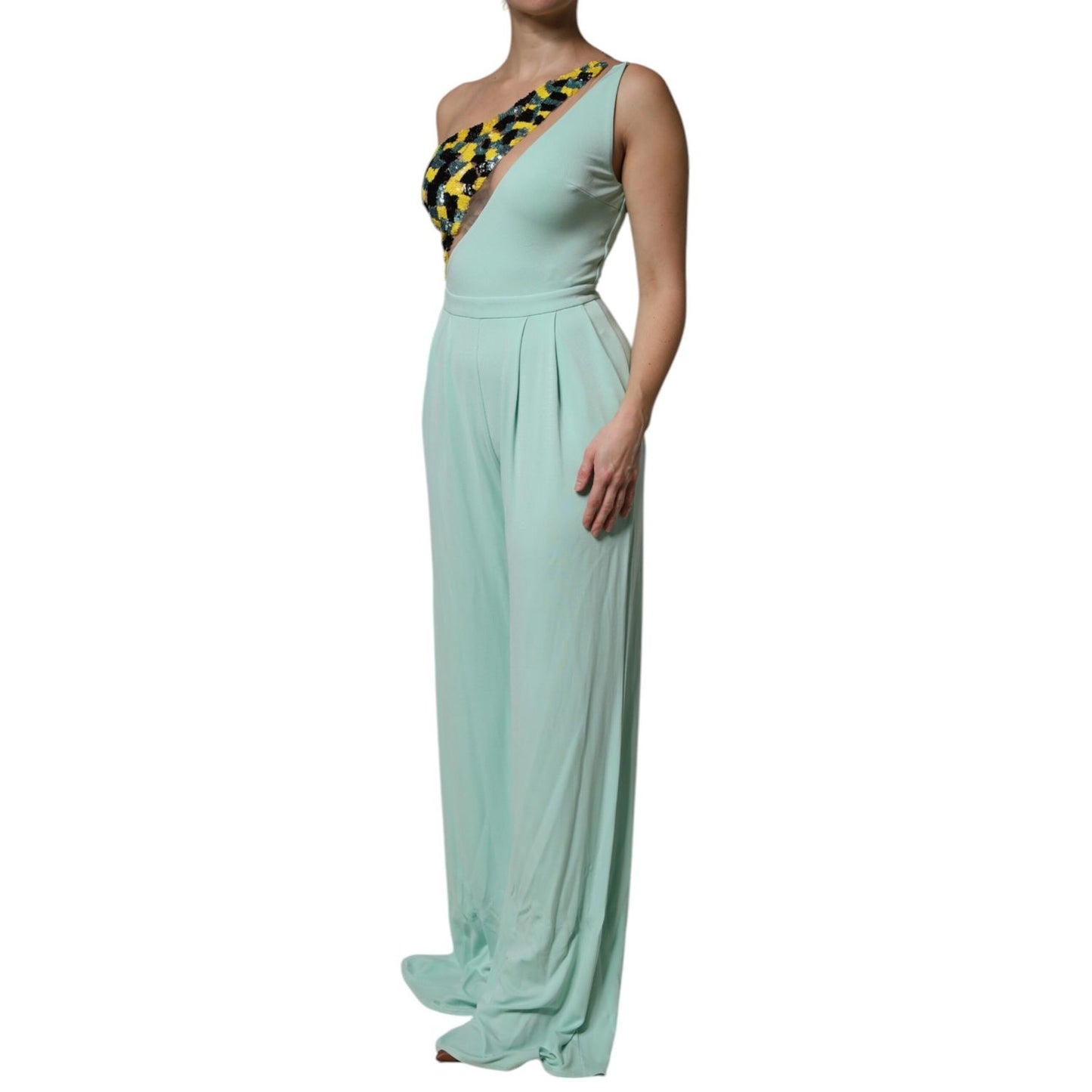 Elisabetta Franchi Mint Green One Shoulder Long Jumpsuit Dress DR281421-42