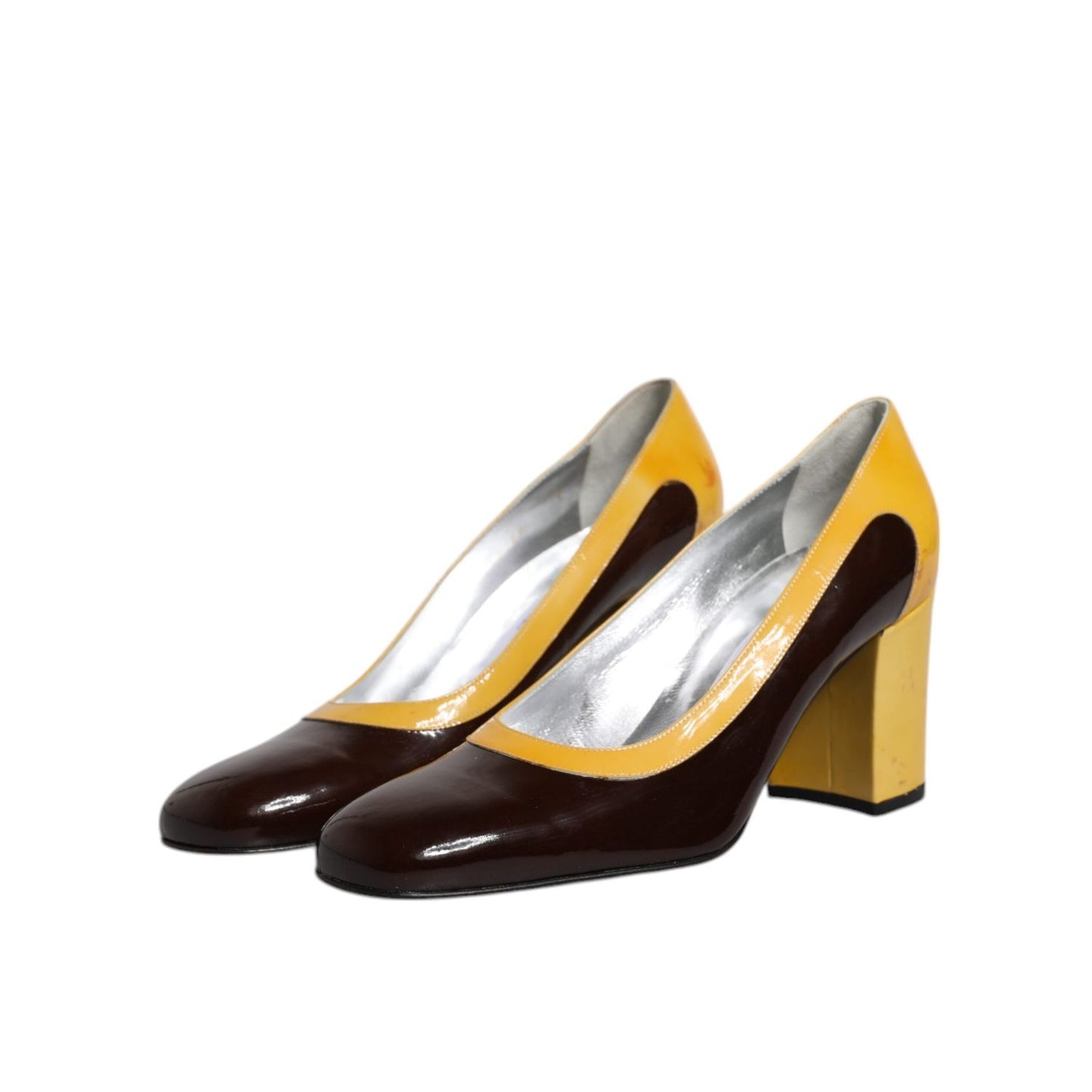 Dolce & Gabbana Yellow Brown Leather Block Heel Pumps Shoes LA12273-39