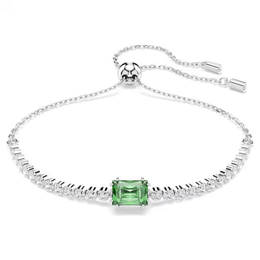 Elegant silver bracelet with a central green gemstone and adjustable clasp