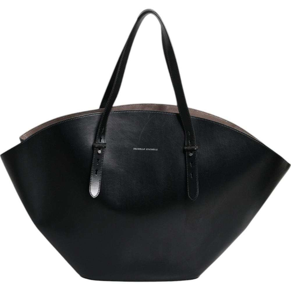 Brunello Cucinelli Black Leather Logo Shoulder Strap Shopping Tote Bag