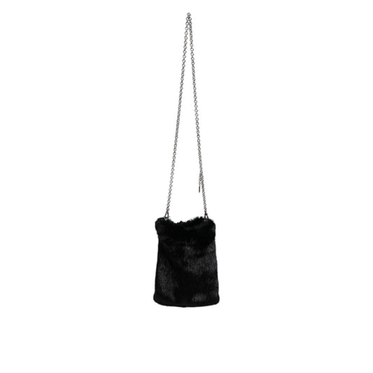 Dolce & Gabbana Black Faux Fur Silver Chain Crossbody Shoulder Purse Bag