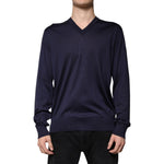 Dolce & Gabbana Navy Blue Silk V-neck Pullover Sweater TSH87799-52