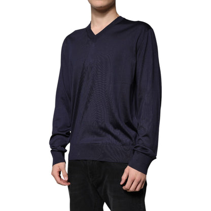 Dolce & Gabbana Navy Blue Silk V-neck Pullover Sweater