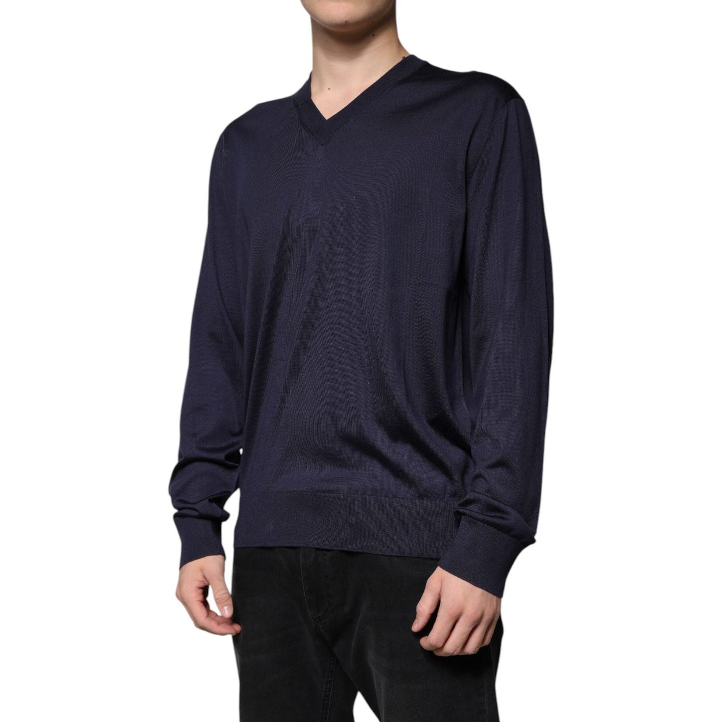 Dolce & Gabbana Navy Blue Silk V-neck Pullover Sweater TSH87799-52