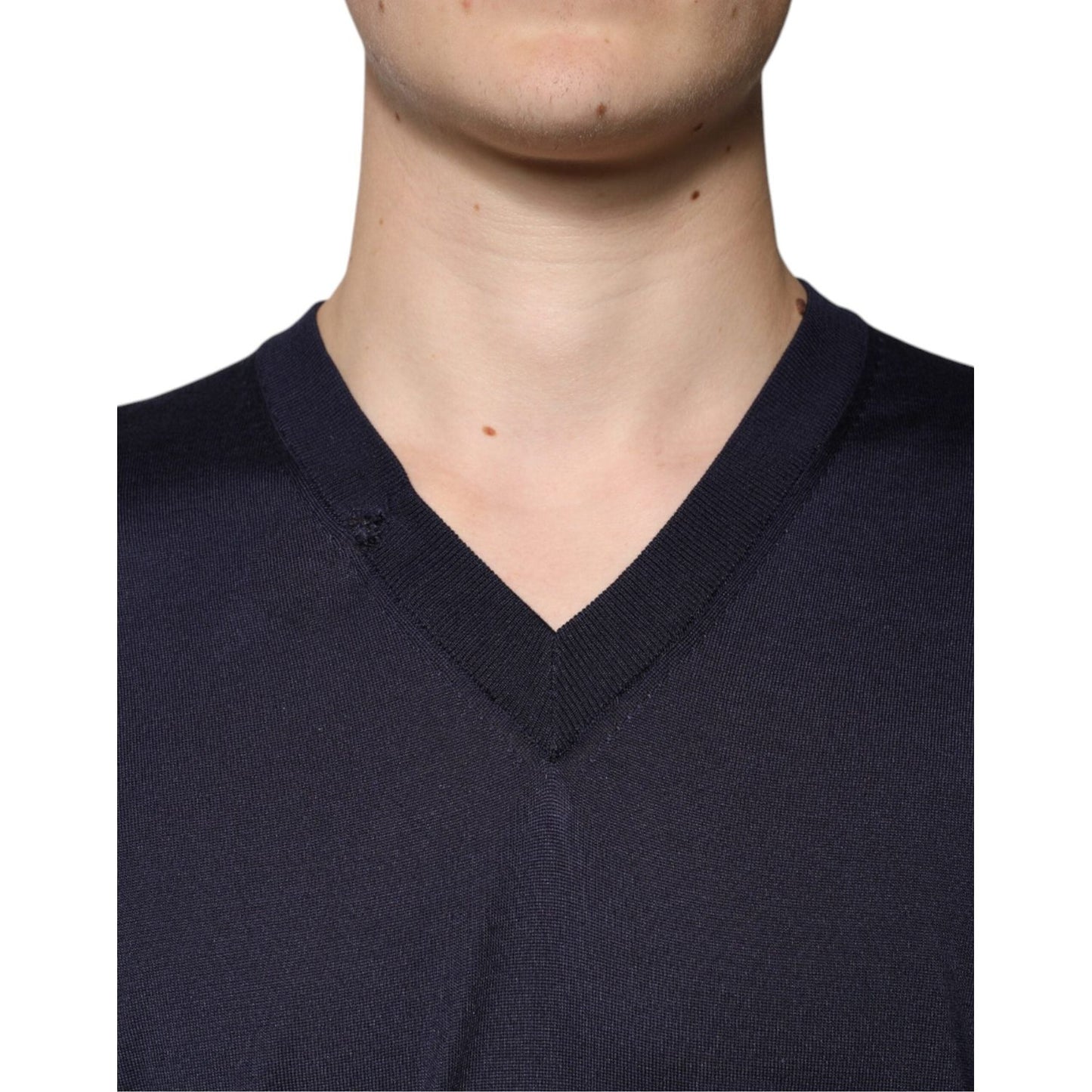 Dolce & Gabbana Navy Blue Silk V-neck Pullover Sweater TSH87799-52