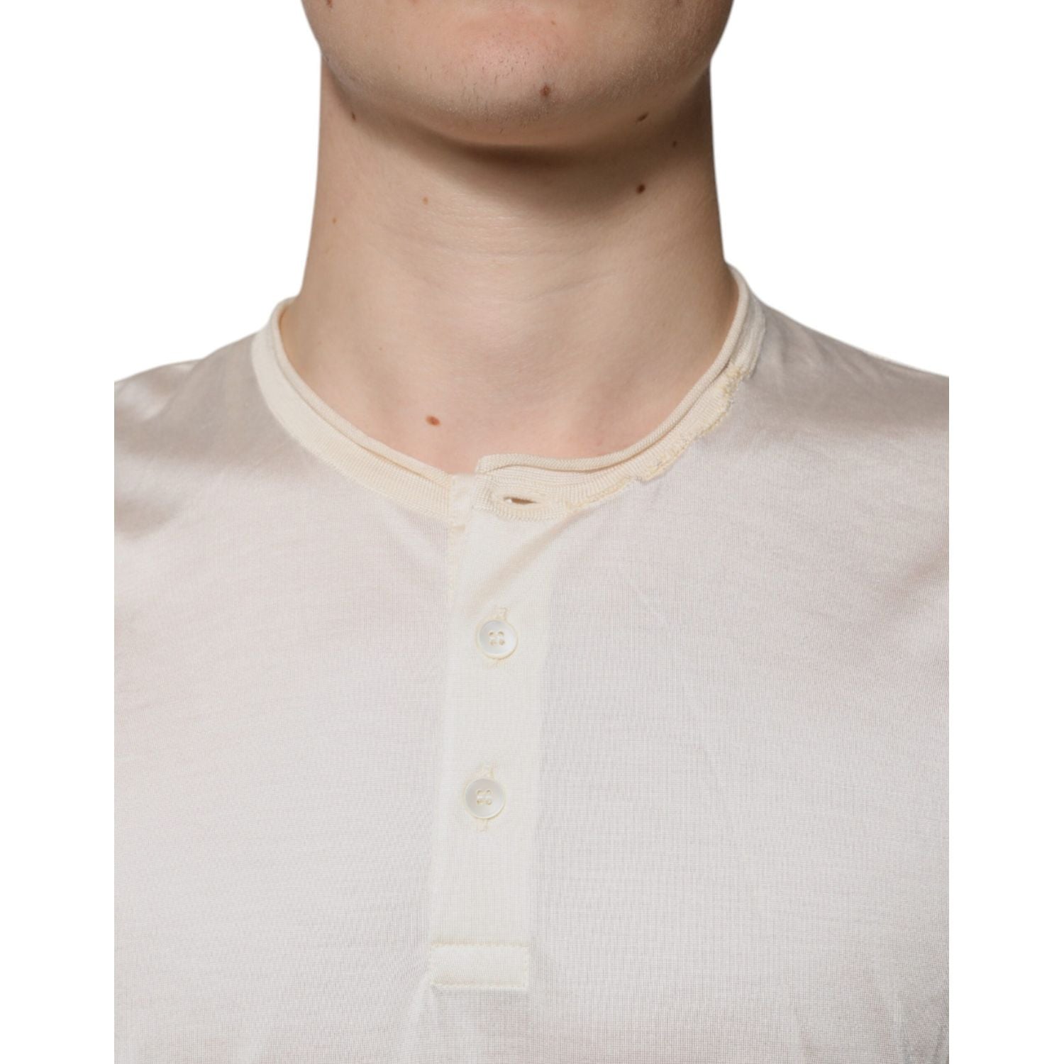 Dolce & Gabbana Off White Silk Crew Neck Henley T-shirt