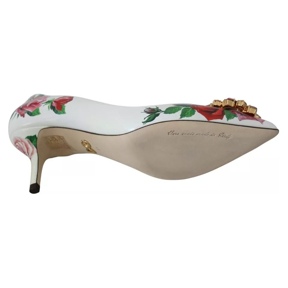 Dolce & Gabbana White Leather Roses Crystal Pumps Shoes