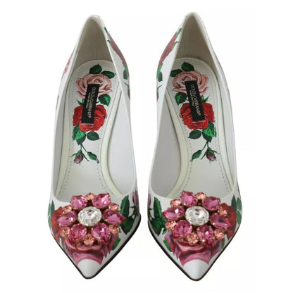 Dolce & Gabbana White Leather Roses Crystal Pumps Shoes