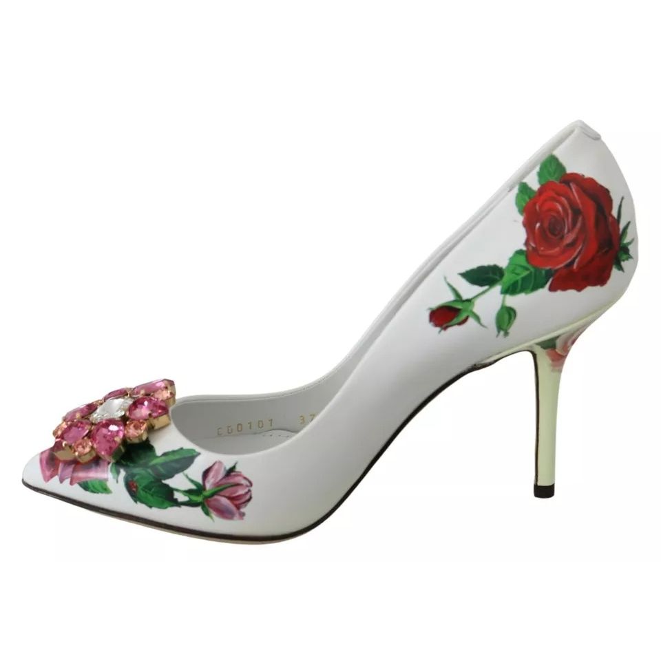 Dolce & Gabbana White Leather Roses Crystal Pumps Shoes