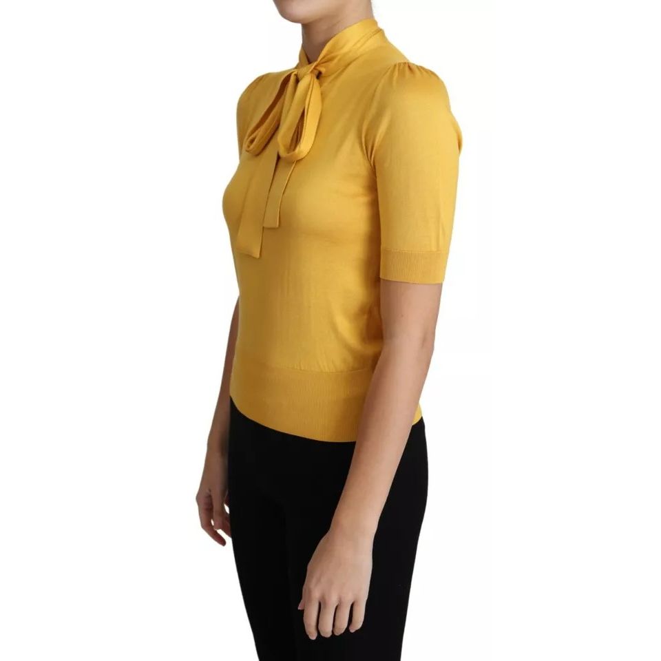 Dolce & Gabbana Yellow Silk Knit Pullover Ascot Collar Top