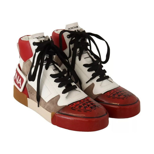 Dolce & Gabbana Red White Beige Leather High Tops Sneakers Shoes MV4619-40