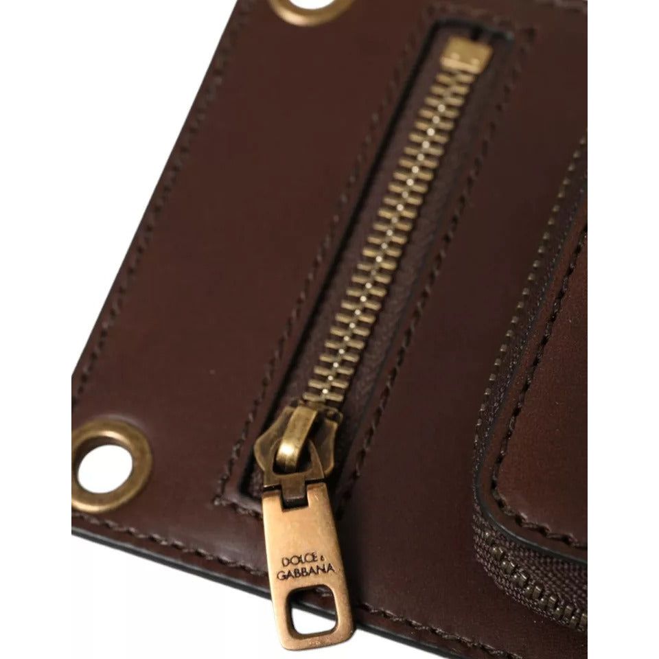 Dolce & Gabbana Brown Calf Leather Zip Logo Shoulder Neck Strap Wallet SMY201300