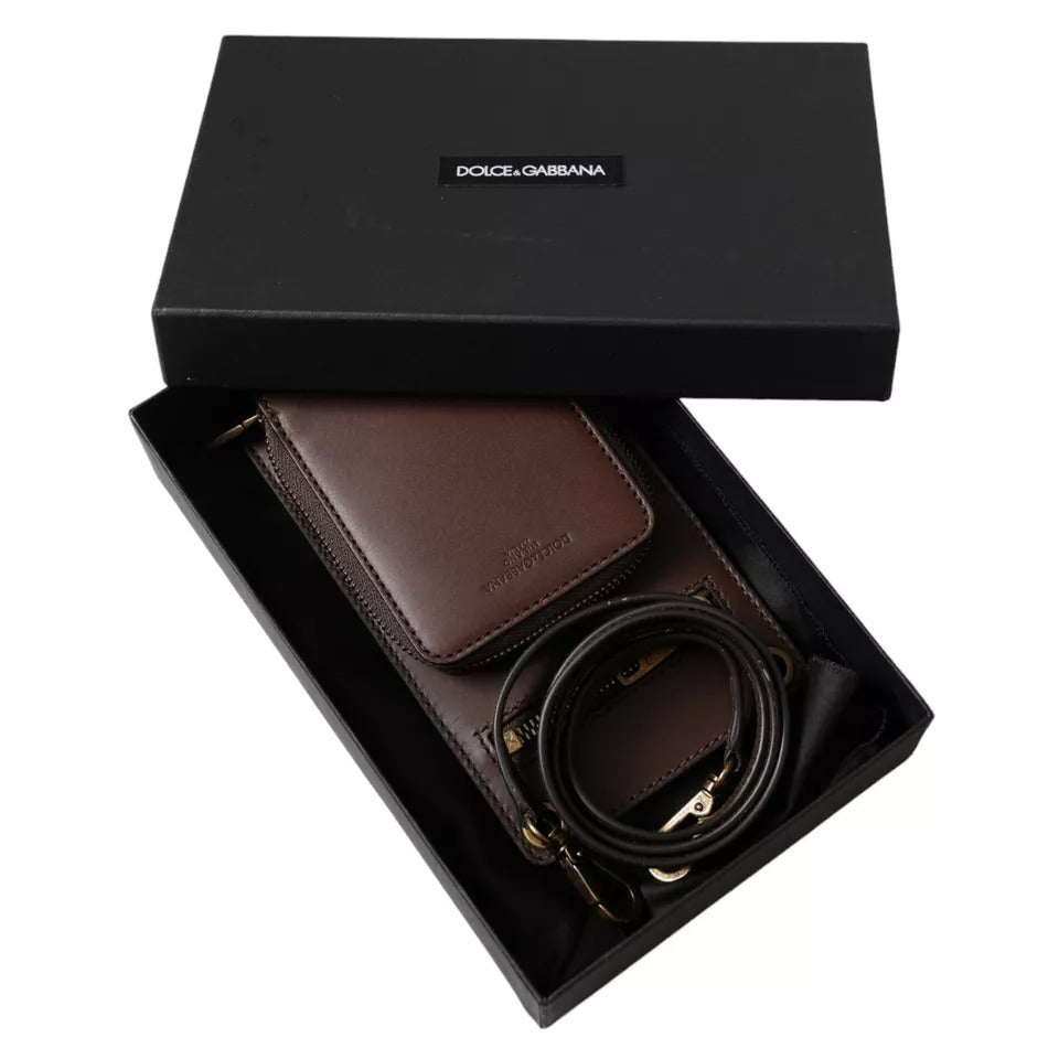 Dolce & Gabbana Brown Calf Leather Zip Logo Shoulder Neck Strap Wallet SMY201300