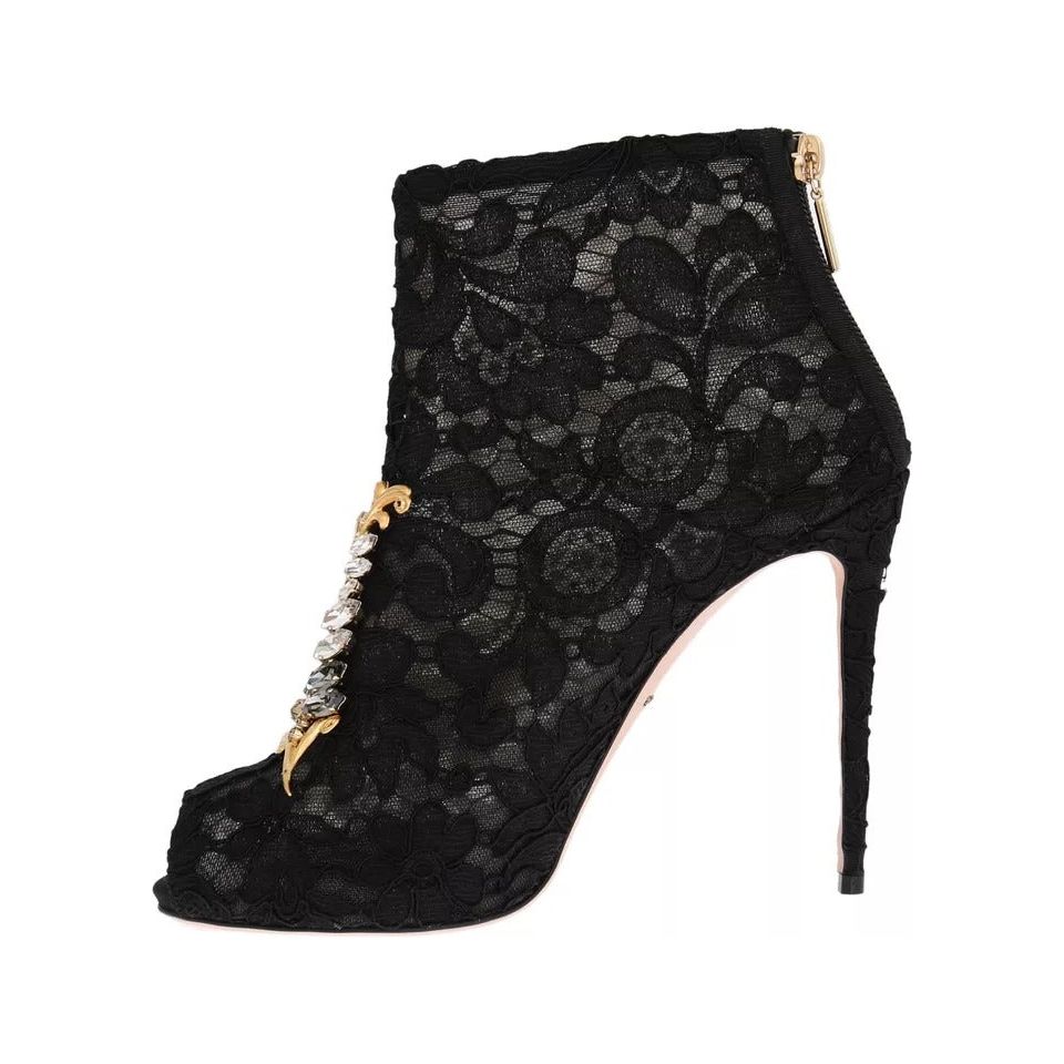 Dolce & Gabbana Black Crystal Lace Booties Stilettos Shoes LA3569-38.5
