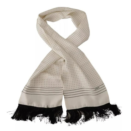 Dolce & Gabbana White Polka Dots Pattern Silk Fringes Wrap Scarf