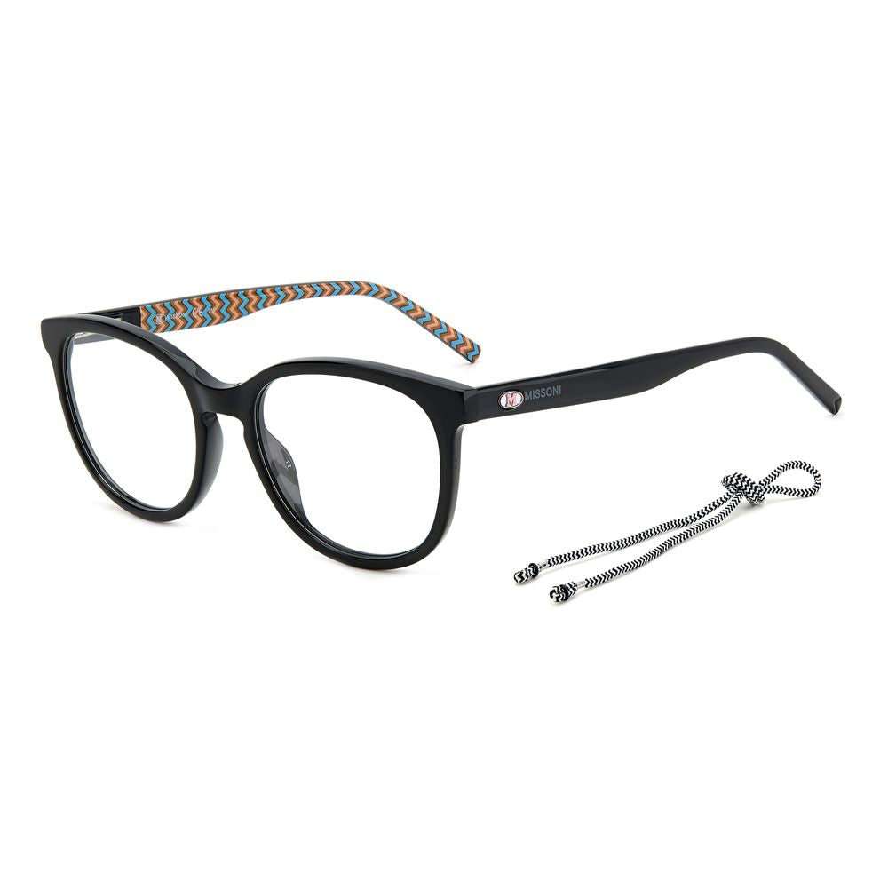 M Missoni Black Acetate Frames with colorful inner temples, model MMI0116807F21, dimensions 52/18/140 mm, includes a matching glasses cord.