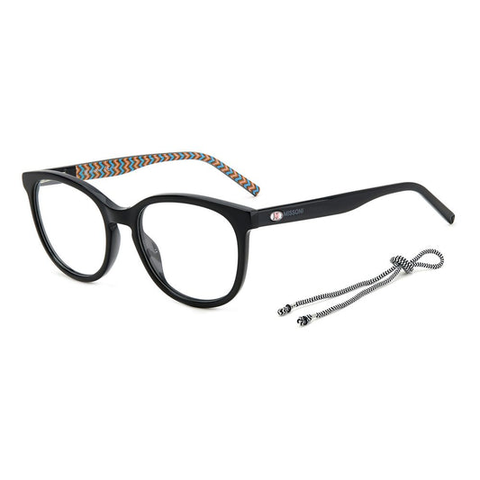 M Missoni Black Acetate Frames with colorful inner temples, model MMI0116807F21, dimensions 52/18/140 mm, includes a matching glasses cord.