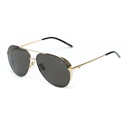 Belstaff Gold Titanium Sunglasses with brown lenses and gold frame, handcrafted in Japan using high-grade materials, size 61/14/145 mm.