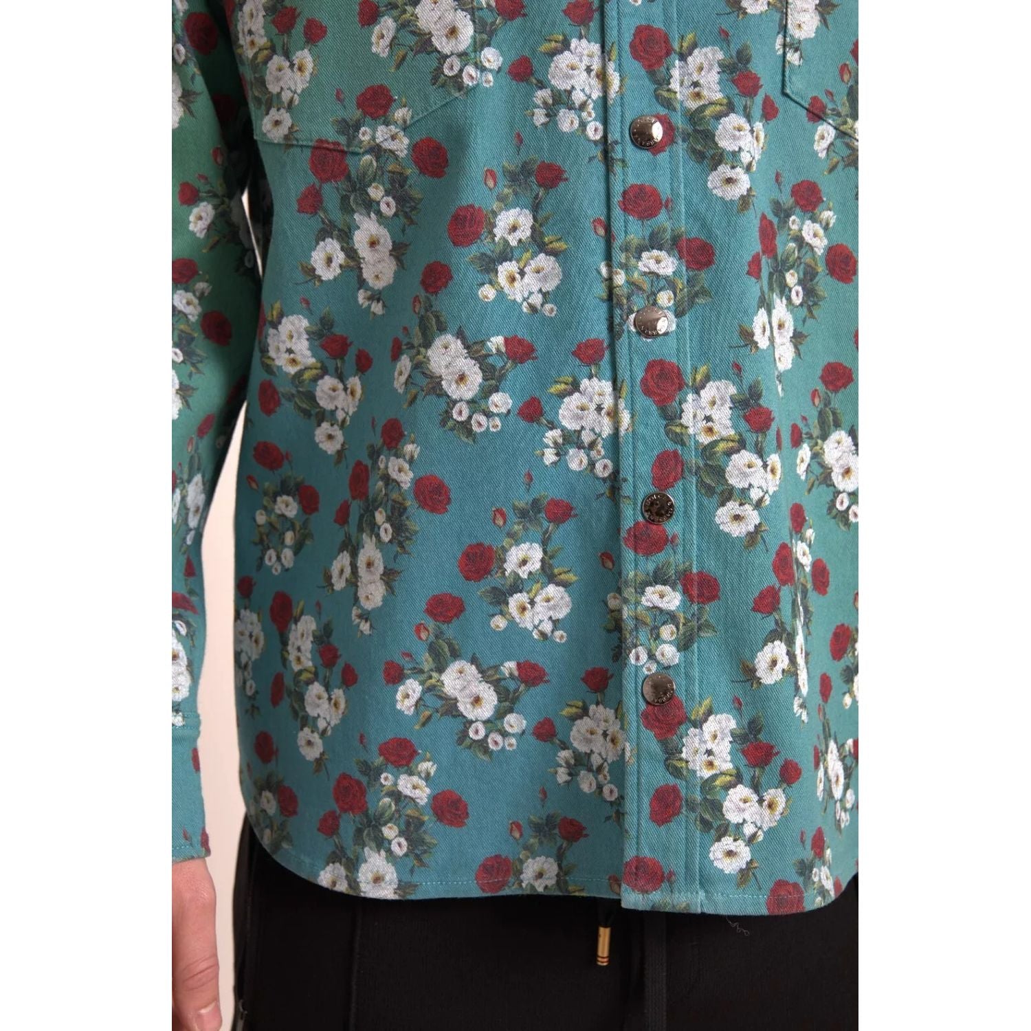 Dolce & Gabbana Blue Floral Cotton Button Down Denim Shirt