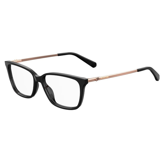 Love Moschino Black Acetate Frames showing side view with rose gold temples, suitable for women, measures 52/15/140 mm.