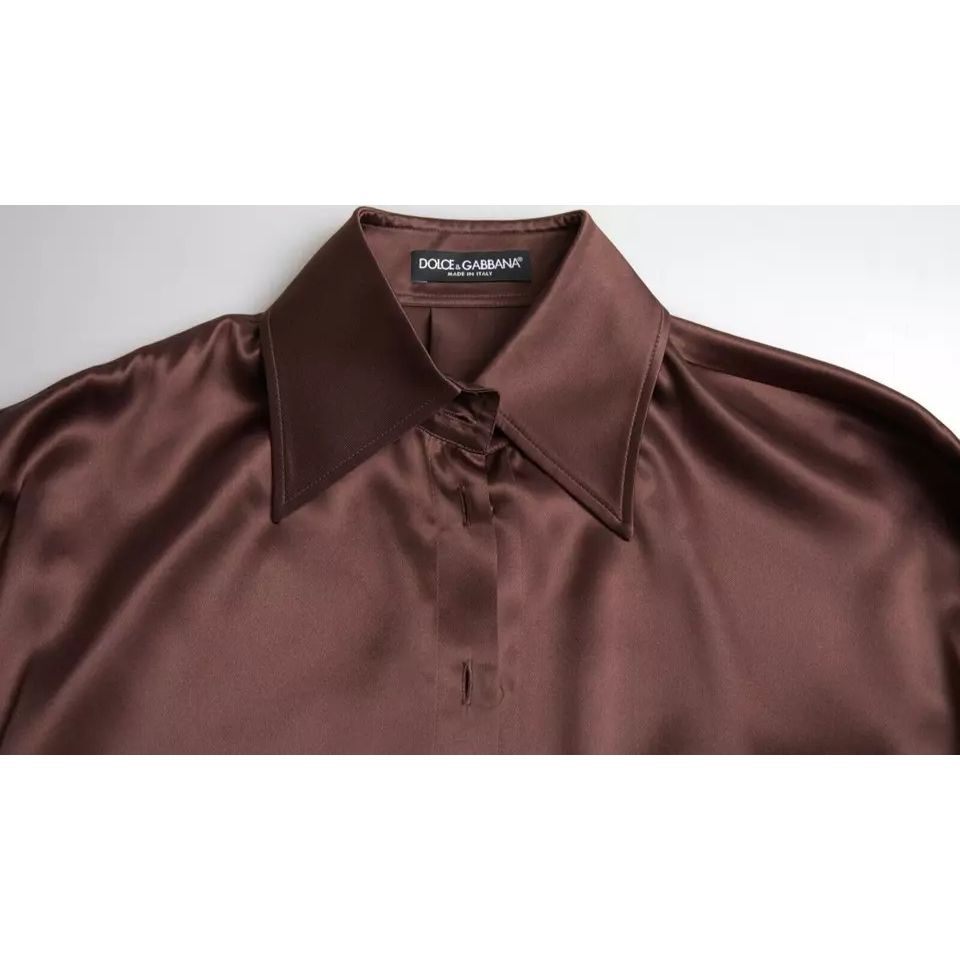 Dolce & Gabbana Brown Silk Collared Long Sleeves Top Blouse