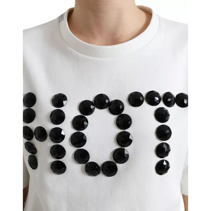Dolce & Gabbana White Cotton Stretch Black HOT Crystal T-shirt