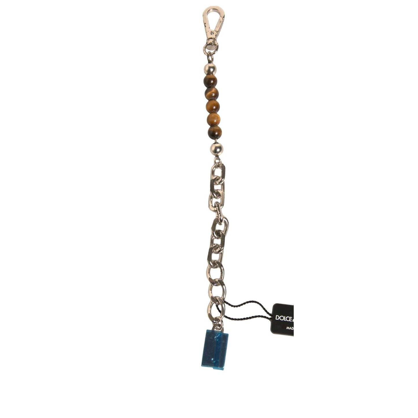 Dolce & Gabbana Silver Brass Chain Beaded Logo Plaque Keychain Keyring SMY10575