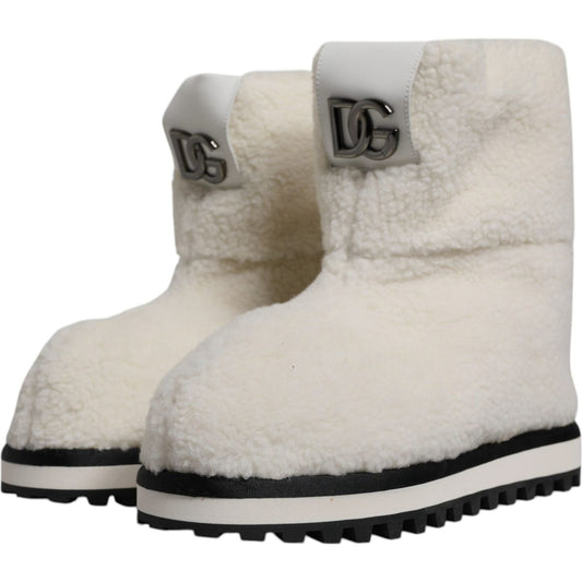 Dolce & Gabbana White Plush Logo Padded Mid Calf Boots Shoes
