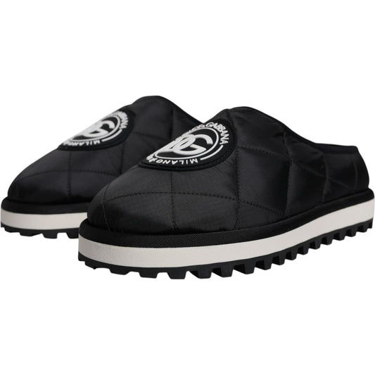 Dolce & Gabbana Black Nylon Quilted Logo Patch Sandals Slides Shoes