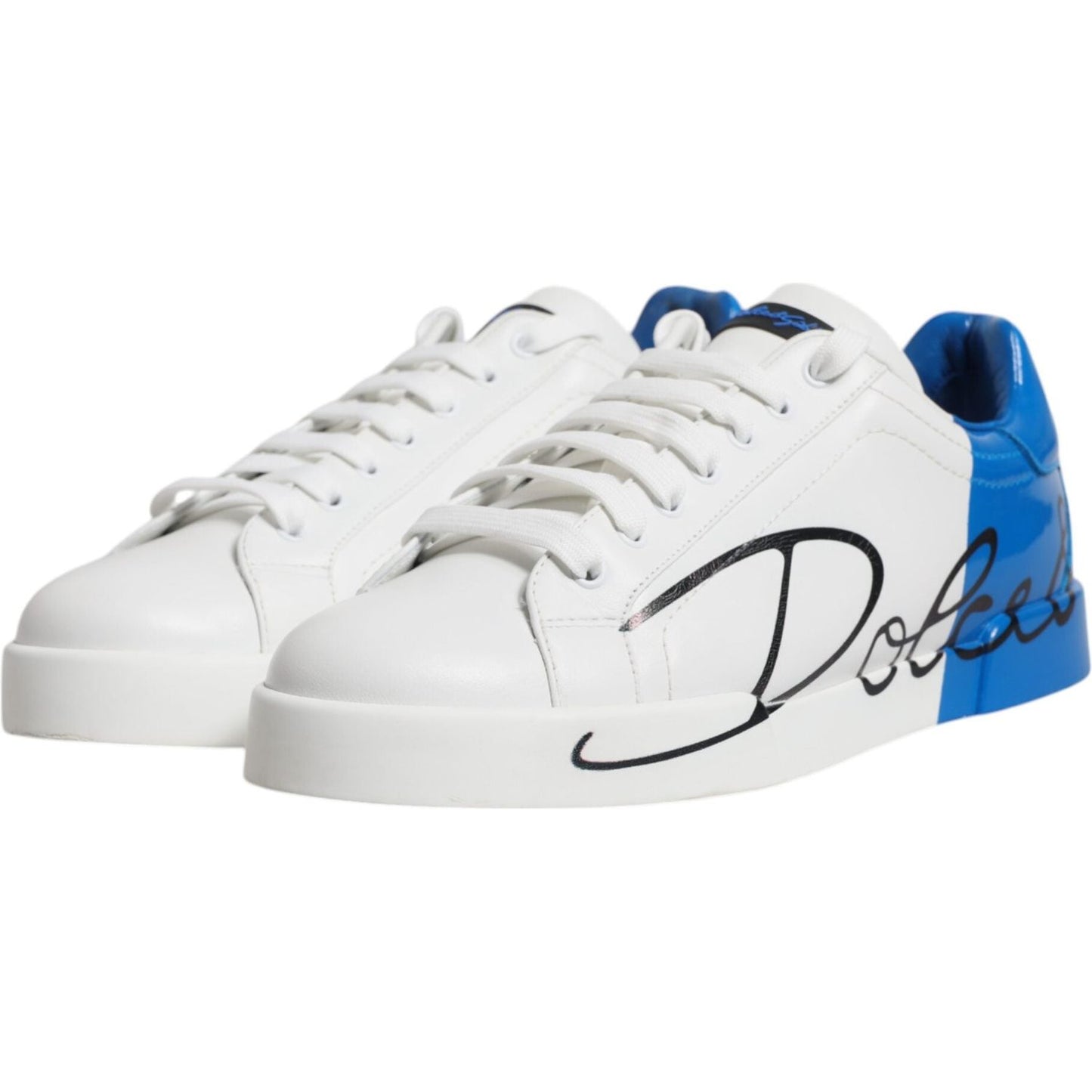 Dolce & Gabbana White Blue Portofino Leather Sneakers Shoes