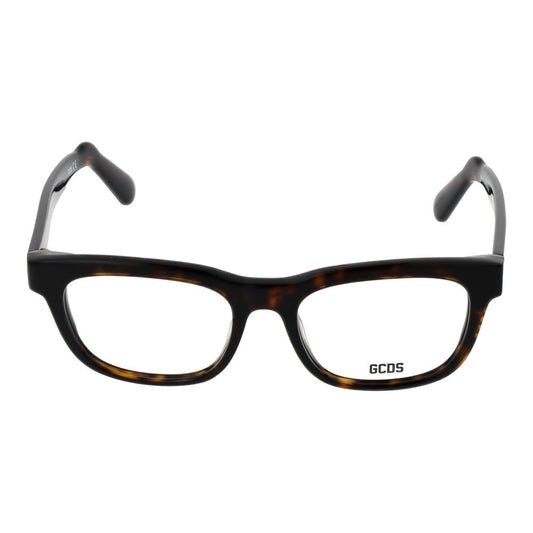 GCDS Brown Unisex Glasses Frame in acetate, full-rim square style with demo lenses, includes branded case, size 52-18-145.