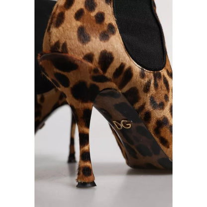 Dolce & Gabbana Brown Leopard Leather Stretch Heels Boots Shoes