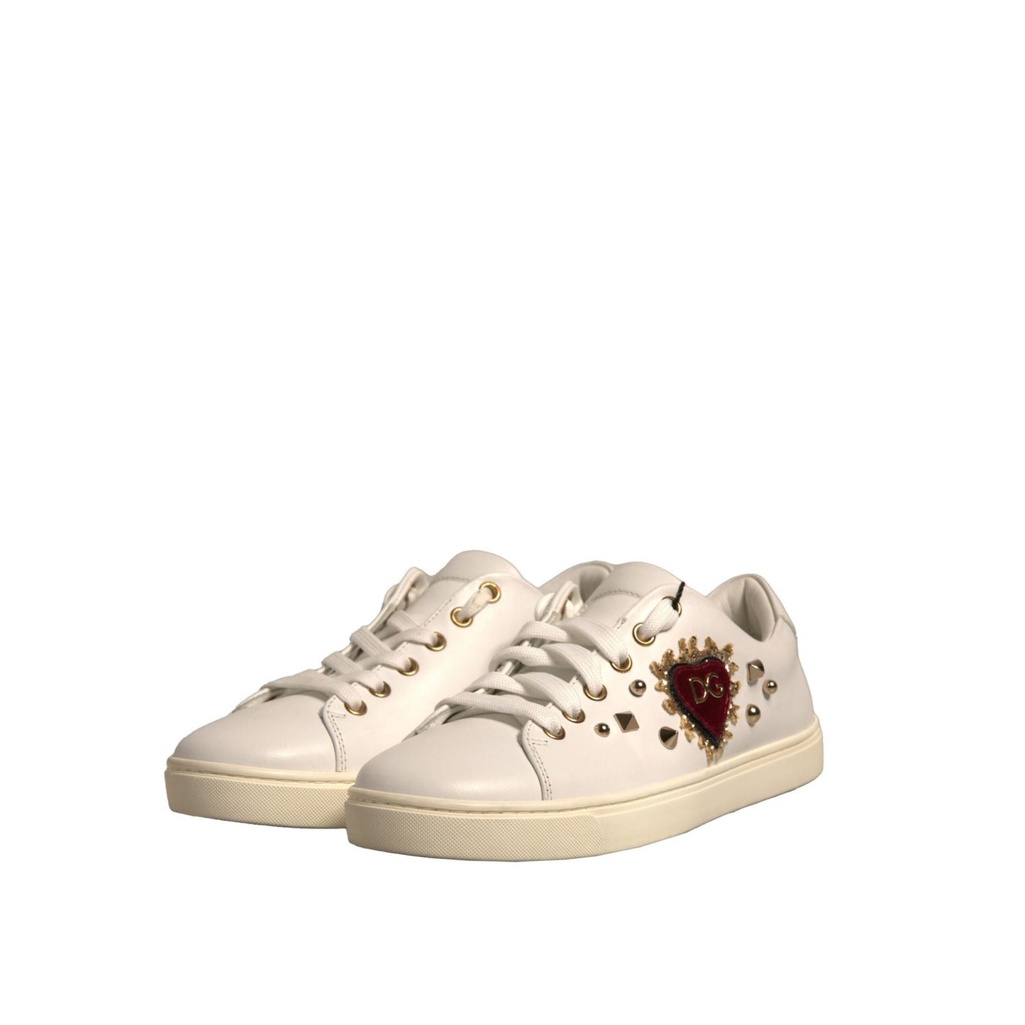 Dolce & Gabbana White Leather Gold Red Heart Sneakers Shoes