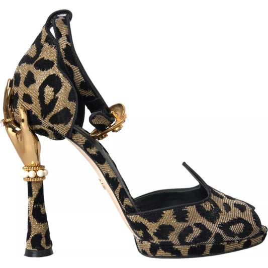 Dolce & Gabbana Gold Leopard Embellished Heel Sandals Shoes