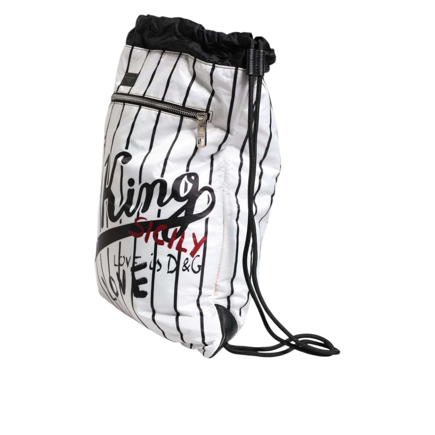Dolce & Gabbana Black White Striped Polyester Drawstring Bag