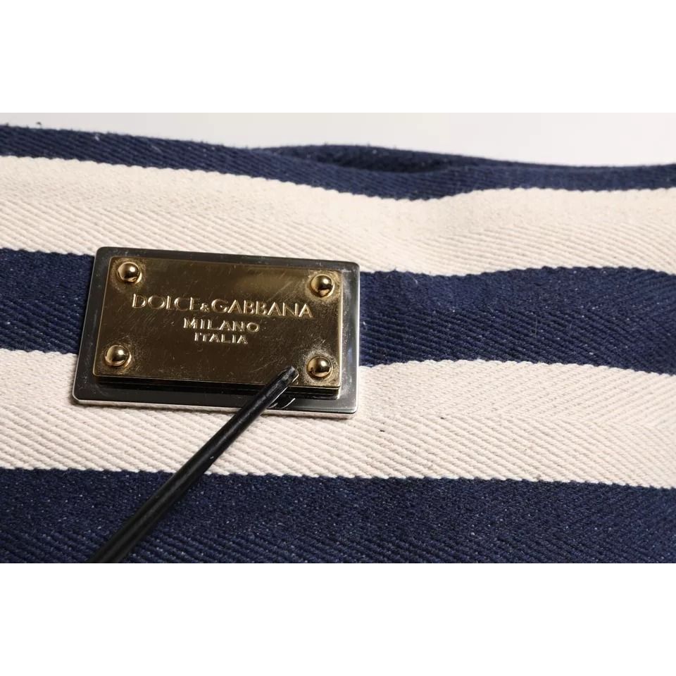 Dolce & Gabbana Blue White Stripes Logo Plaque Tote Bag