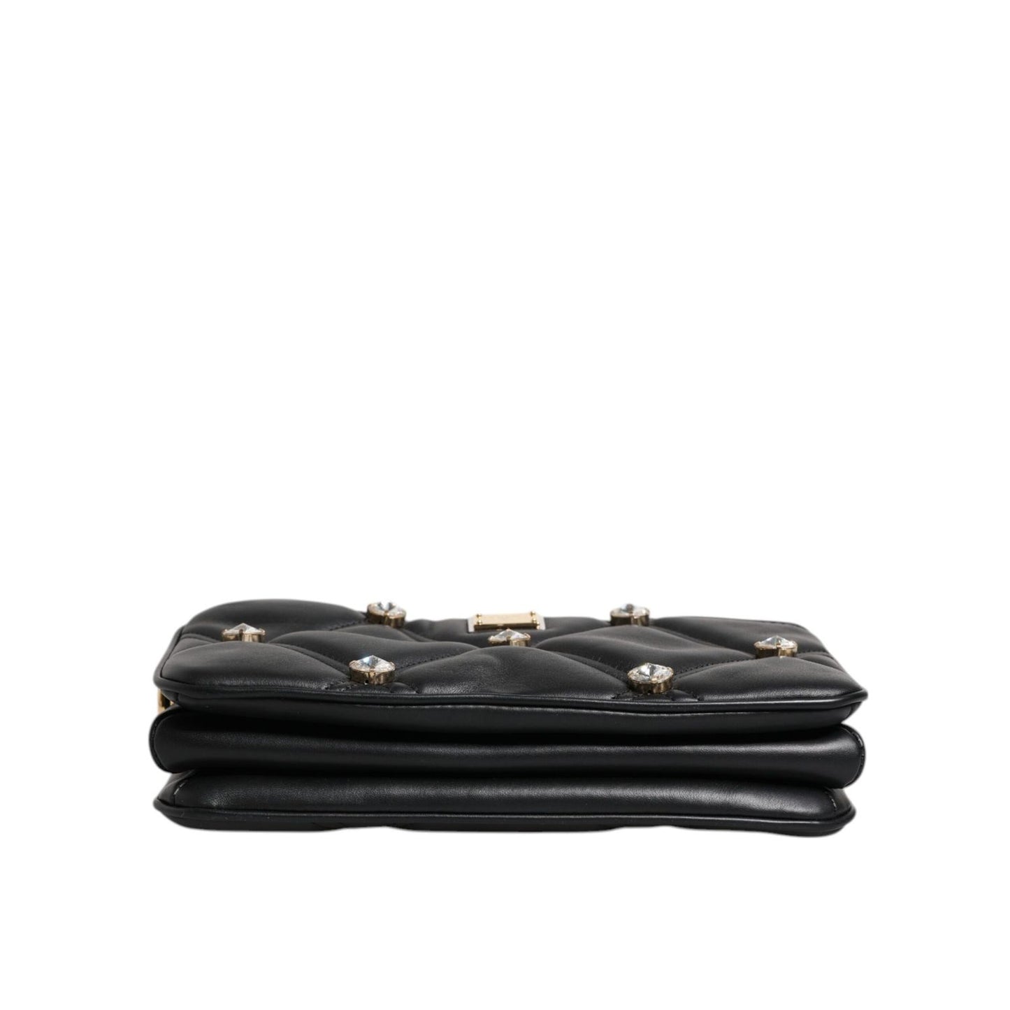 Dolce & Gabbana Black Leather Crystal Embellished Logo Shoulder Bag