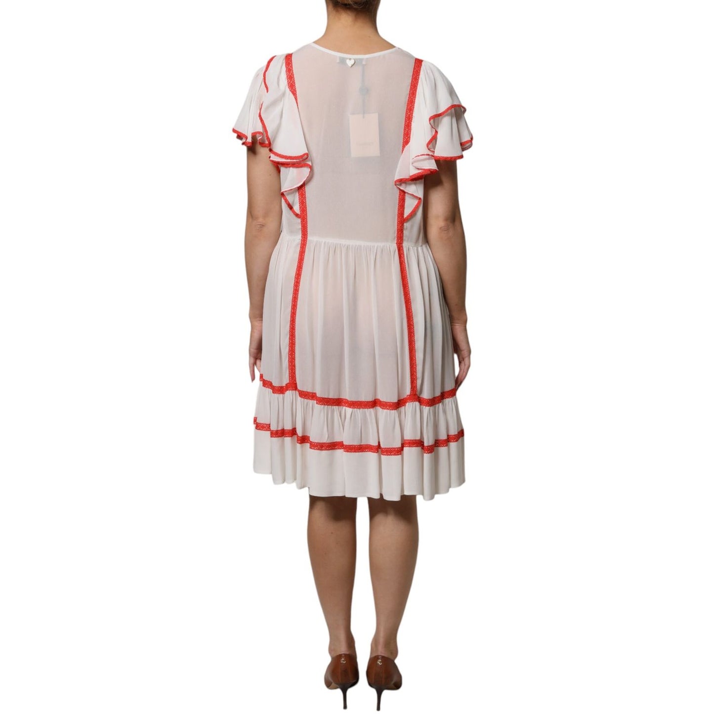 Twinset White Viscose Ruffle Sleeves A-line Pleated Mini Dress