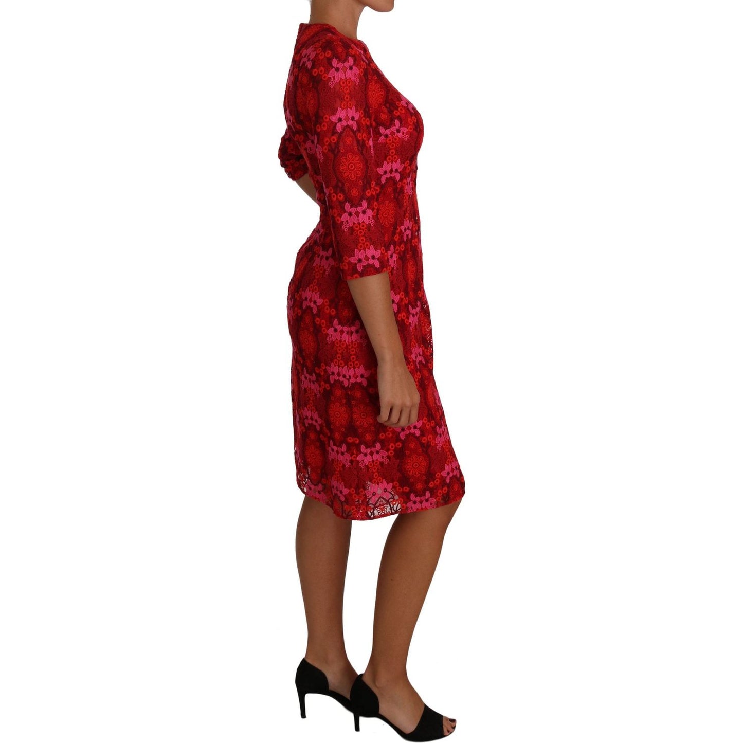 Dolce & Gabbana Floral Crochet Lace Red Pink Sheath Dress