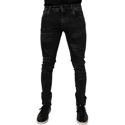 Dolce & Gabbana Black Tattered Cotton Skinny Men Denim Jeans