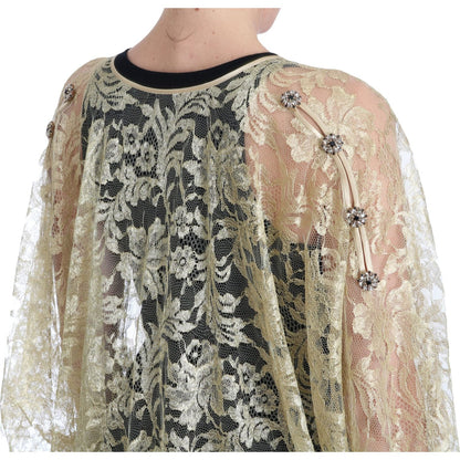 Dolce & Gabbana Gold Floral Lace Crystal Gown Cape Dress