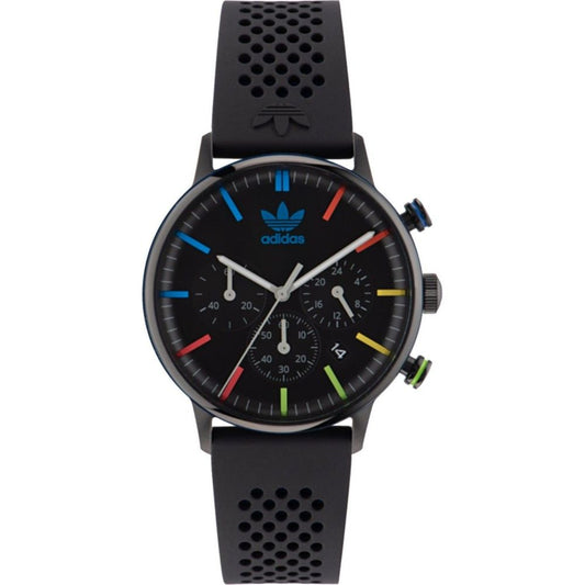 Adidas Black Synthetic Sport Watch with quartz mechanism, analog display, black stainless steel case and silicone bracelet, 5ATM water resistance.