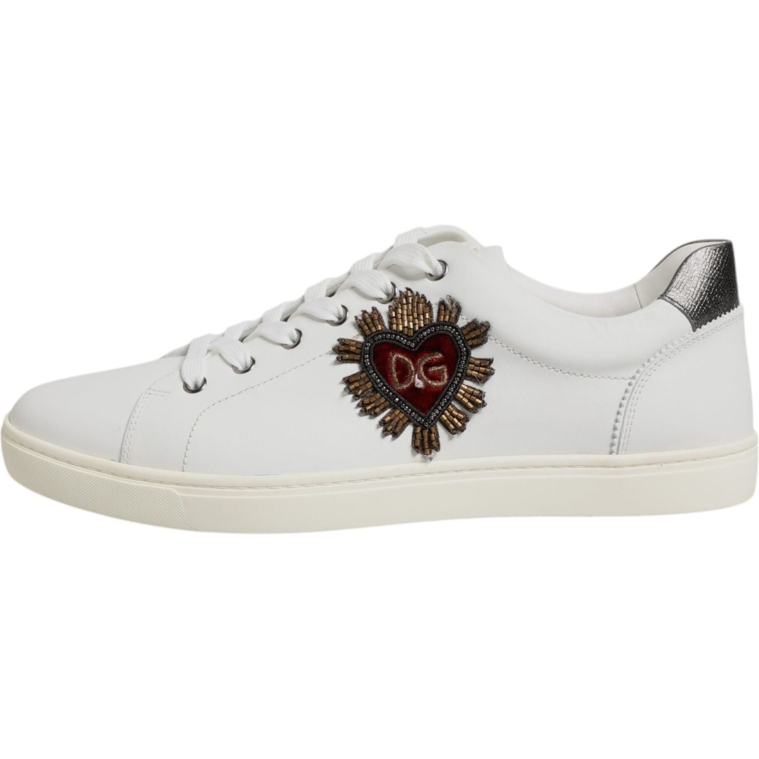 Dolce & Gabbana White Leather Heart Embellished Sneakers Shoes