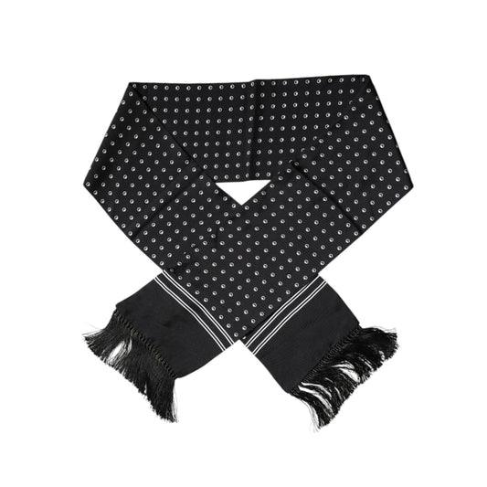 Dolce & Gabbana Black White Polka Dotted Silk Skinny Fringes Scarf