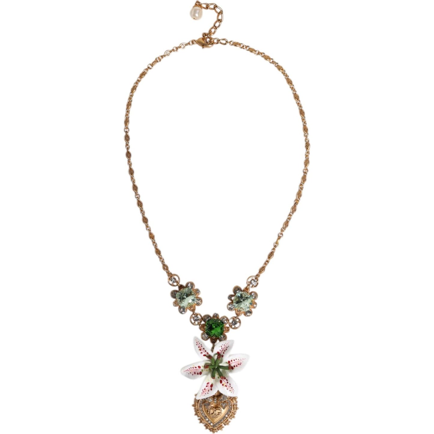 Dolce & Gabbana Gold Brass Lily Crystal Sacred Heart Pendant Necklace