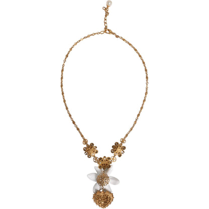Dolce & Gabbana Gold Brass Lily Crystal Sacred Heart Pendant Necklace