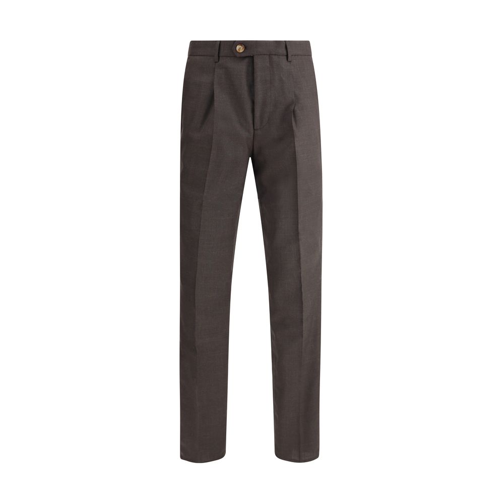 Brunello Cucinelli Brown Fleece Wool Casual Pants with belt loops, side slash pockets, and back welt pockets, SS25 collection.