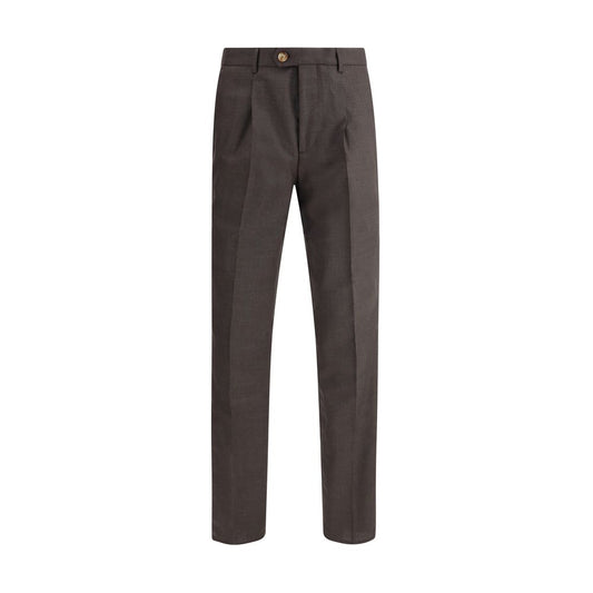 Brunello Cucinelli Brown Fleece Wool Casual Pants with belt loops, side slash pockets, and back welt pockets, SS25 collection.