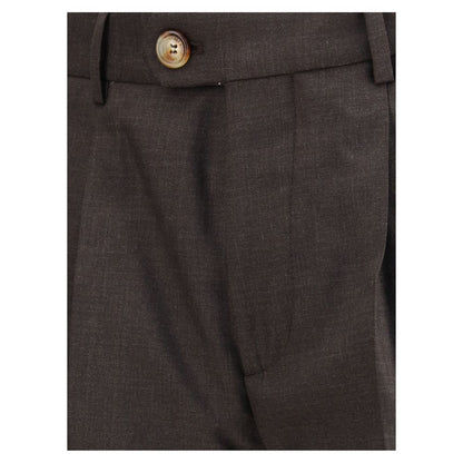 Close-up of Brunello Cucinelli Brown Fleece Wool Casual Pants highlighting button-and-zip closure and belt loops.