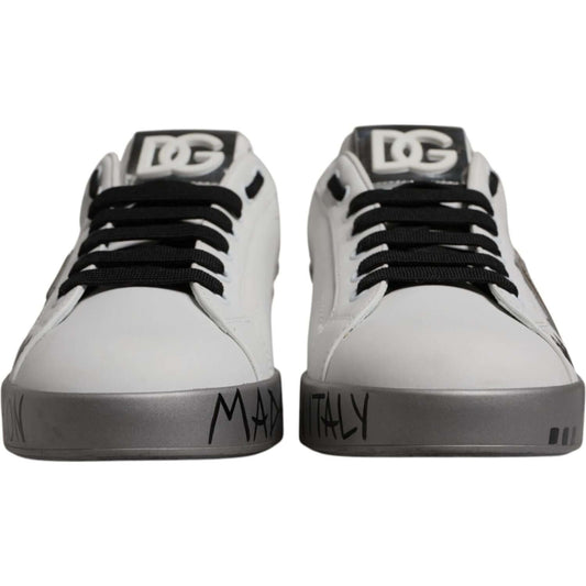 Dolce & Gabbana White Silver Crystal Logo Portofino Sneakers Shoes